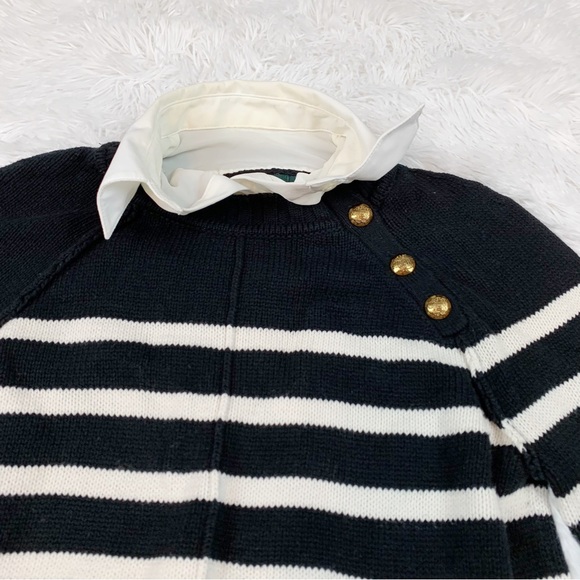 Lauren Ralph Lauren long sleeve layered striped sweater collared gold button - Picture 7 of 10